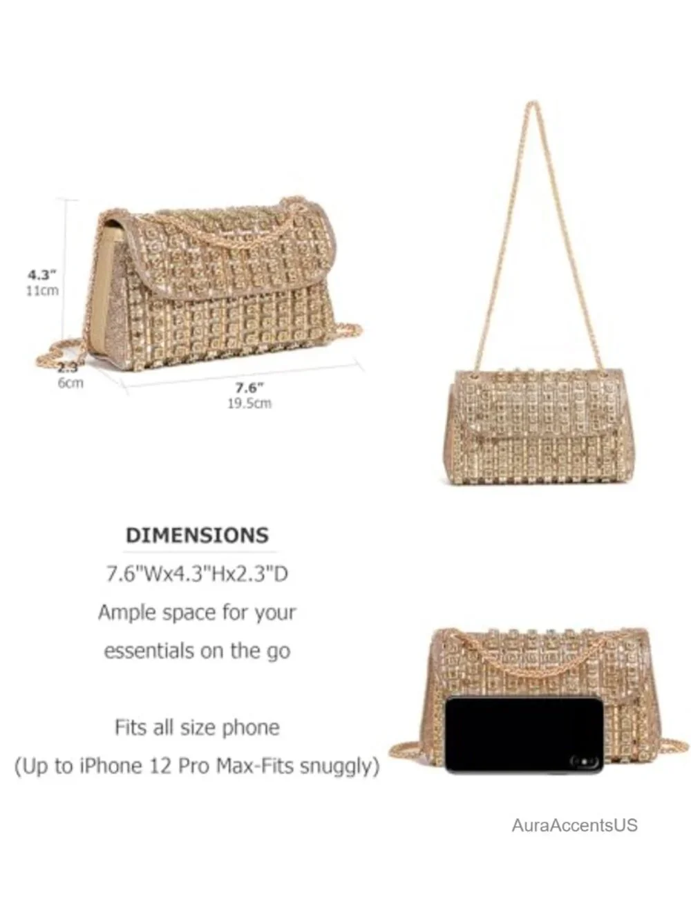 Rhinestone Sparkly Evening Clutch Purse with Chain